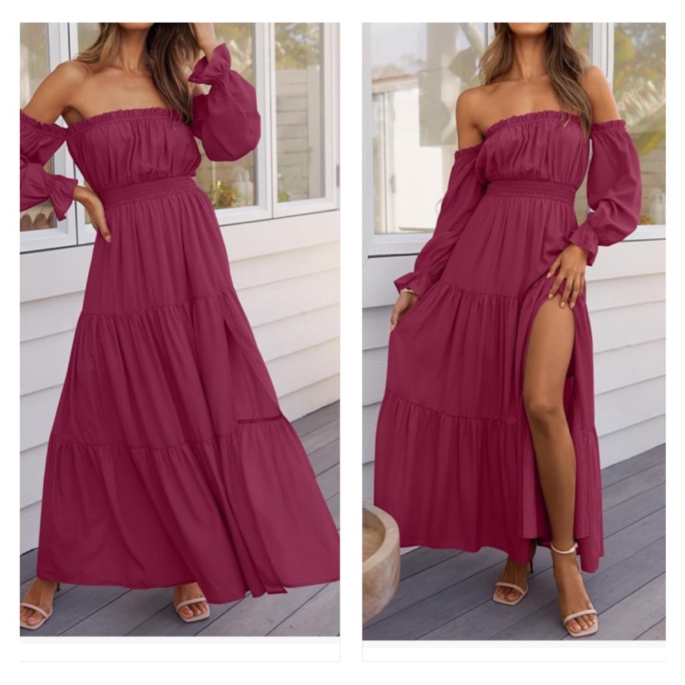 Elegant Off-Shoulder  Fuchsia Maxi Dress